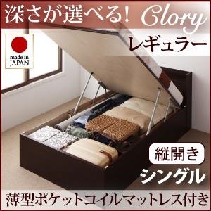 ガス圧式大収納ベッド【clory】シングル【縦開き・内寸Ｈ25cm】マットレス付/３カラー