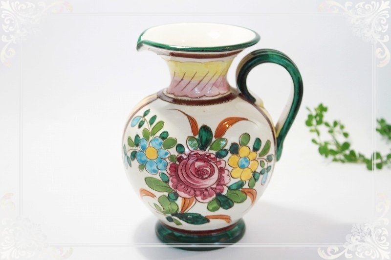 イタリア製1960年代陶器 手描き水差しまたは花瓶グリーン