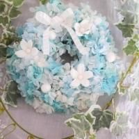 水色のプリザーブドフラワーのアジサイが可愛いフラワーリース(小)