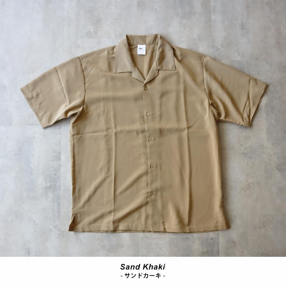 TDD. とろみのある風合いとシルクのような光沢があるオープンカラーシャツ 無地Tシャツの専門店 無地市場(ムジスタ) 形状安定シルキータッチ半袖シャツ サンドカーキ S