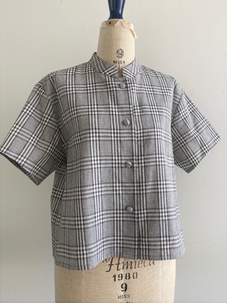 Atelier d'antan リネンチェックスタンドカラーシャツ Drake Check