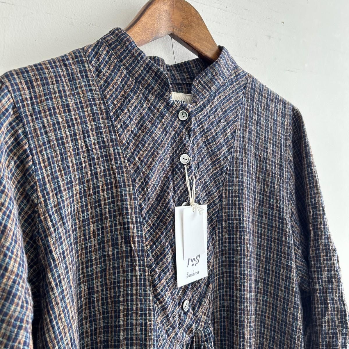 TRAVAIL MANUEL リネン100% チェック 半袖 ワンピース　イチ ichi - ichi チェックリネンワンピース ネイビー 麻100