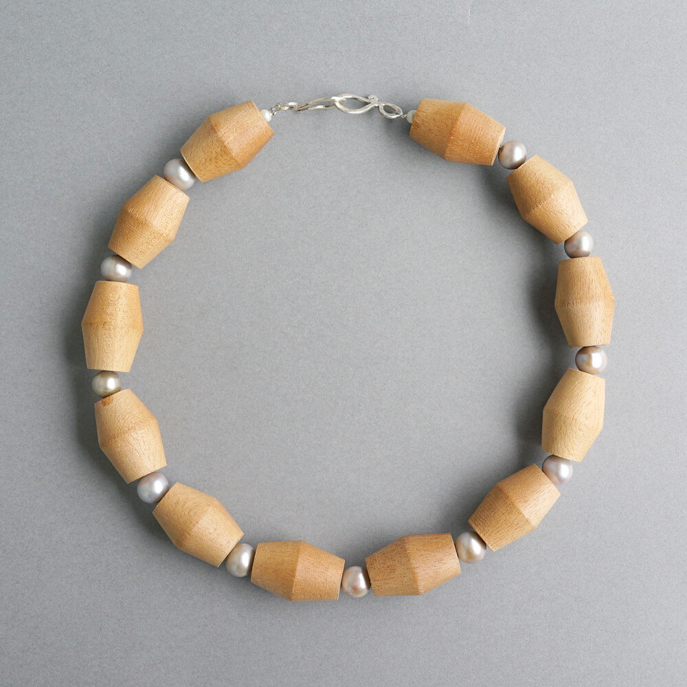 Melanie Decourcey/Beaded Necklace/Wood Beads with Gray Pearls