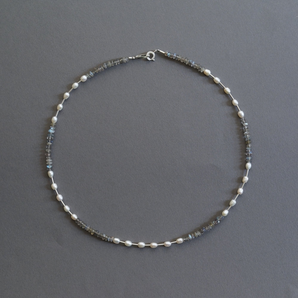 Melanie Decourcey/Beaded Necklace/Pearl, silver & labradorite necklace