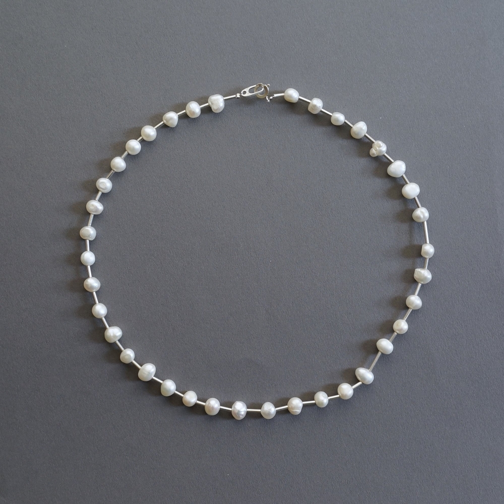 Melanie Decourcey/Beaded Necklace/Pearl & silver tube bead necklace