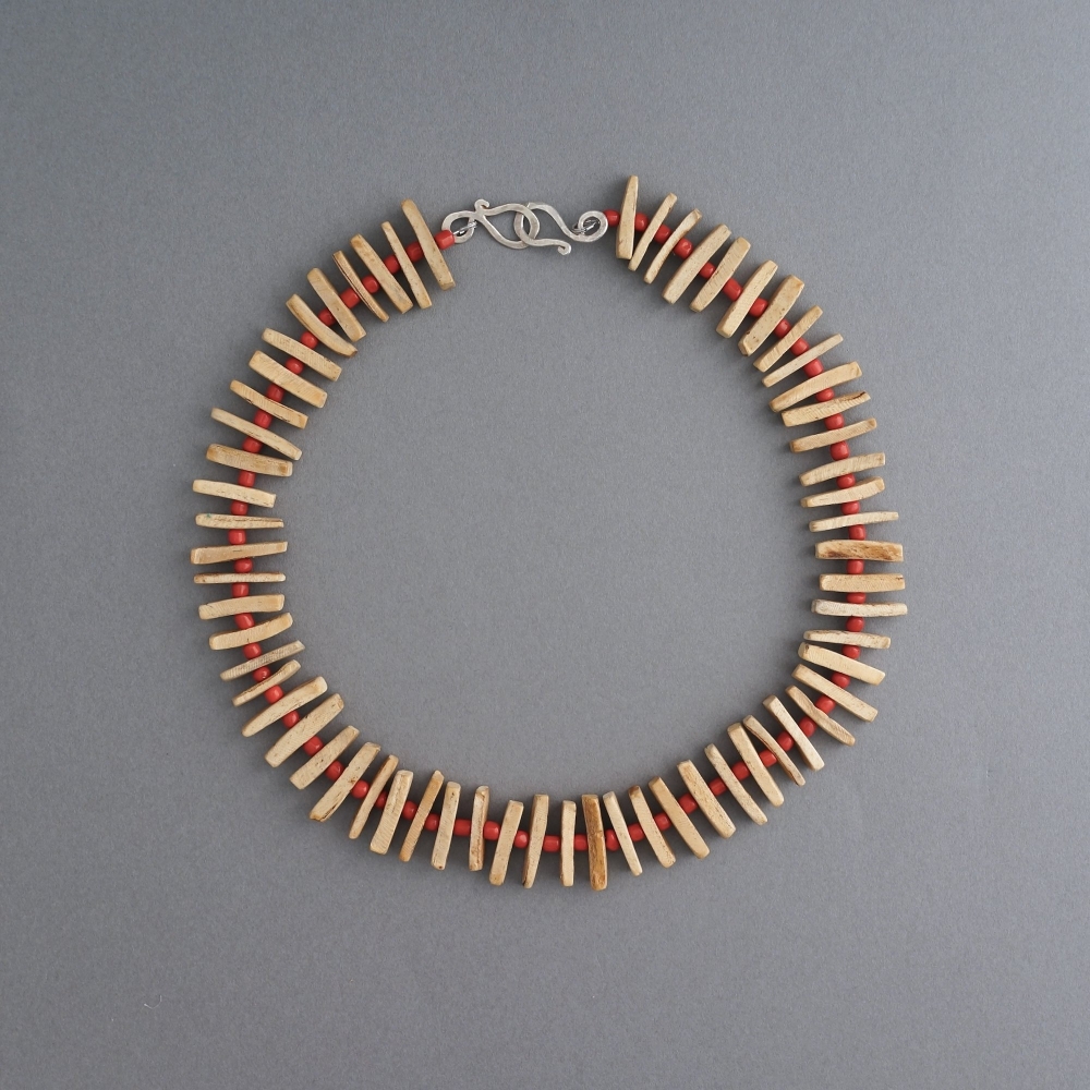 Melanie Decourcey/Beaded Necklace/ Wood with red glass beads