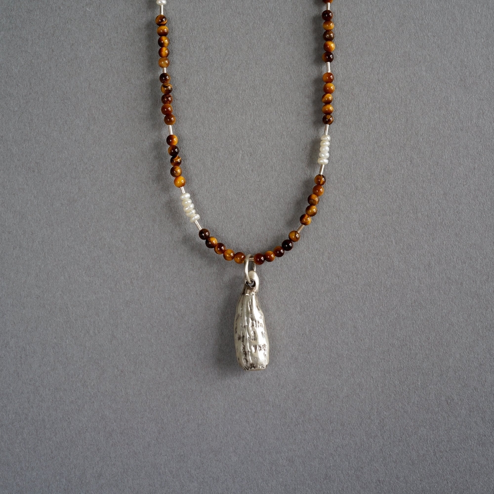 Melanie Decourcey/Beaded Necklace/ Tiger eye with pearl +silver +poppy pendant