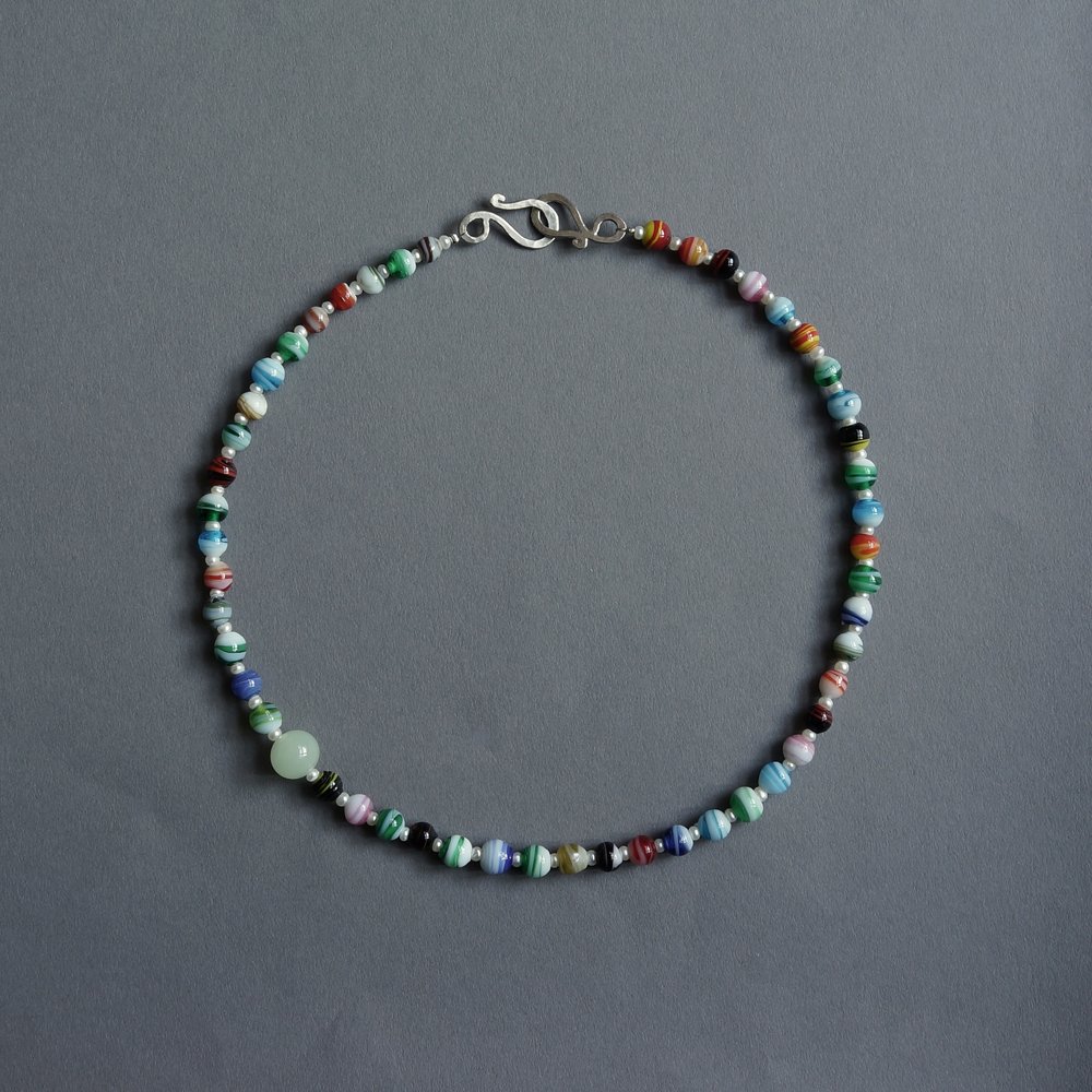 Melanie Decourcey/Beaded Necklace/Venetian Murano glass beads with peal and Jade