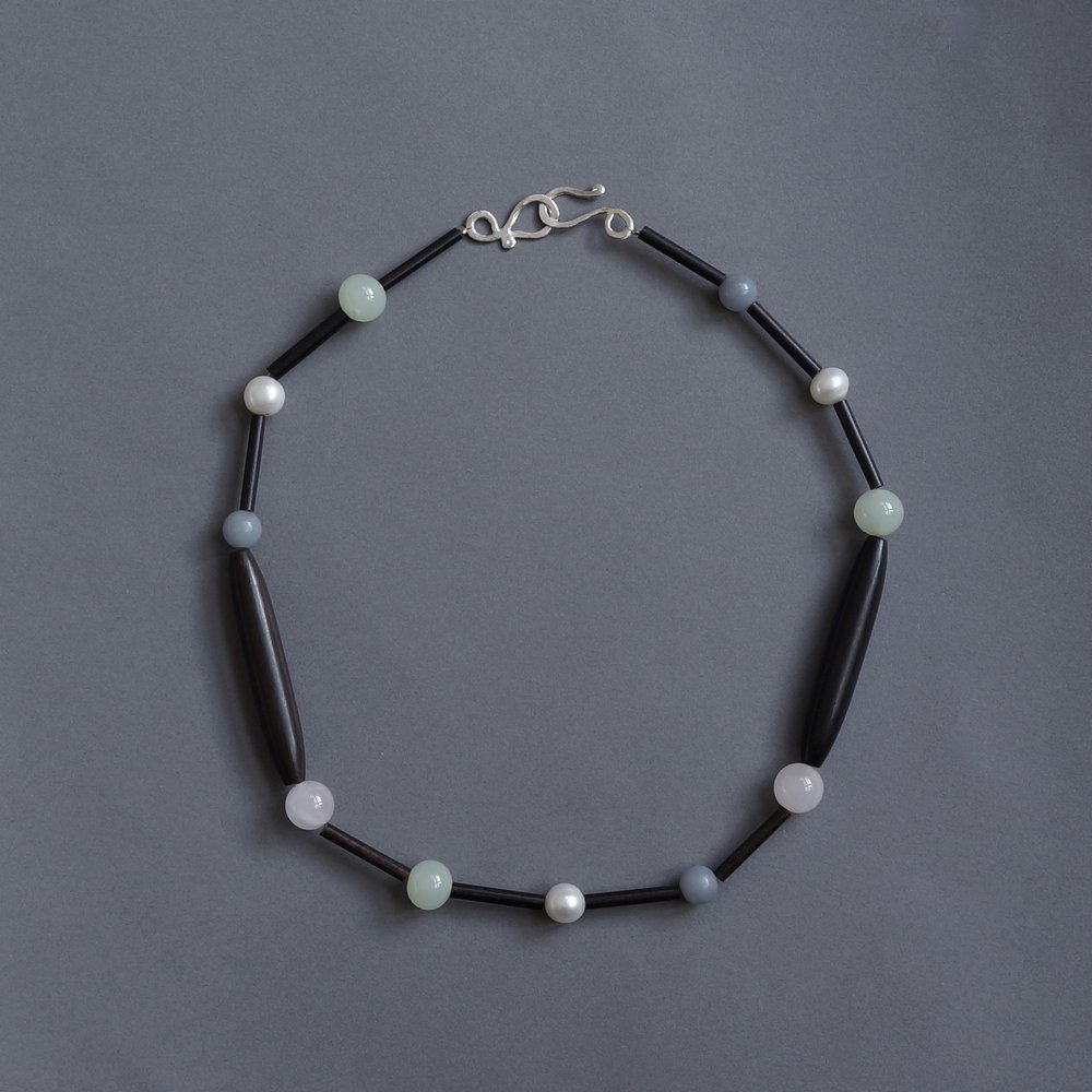 Melanie Decourcey/Beaded Necklace/Jade,roze-quartz,angelite pearl and ebony wood