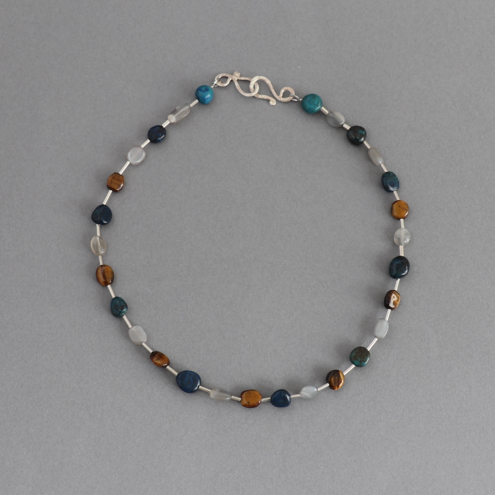 Melanie Decourcey / beaded necklace / silver tubes with tiger eye,grey moontsone& chryscolla