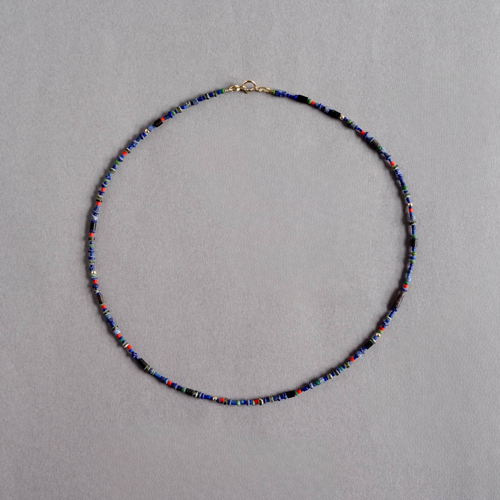 Melanie Decourcey / Beaded Necklace / mixed lapis,malachite,serpentine beads with gold fill detail