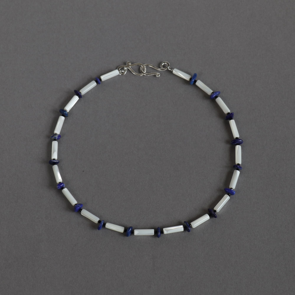 Melanie Decourcey / Beaded Necklace / mother of pearl tubes,black tourmaline & lapis lazuli