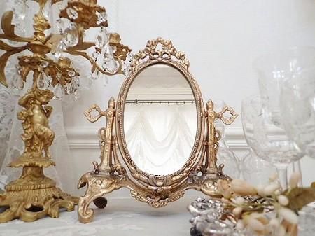 フランスアンティークスタンドミラーガーランドホワイト