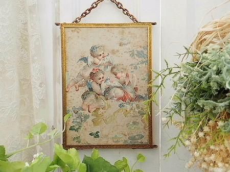 レア ヴィクトリアン シルク天使画の三面鏡スクリーン - 薔薇と