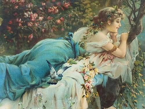 多色刷美術印刷 額装 『森の妖精と天使』 - 薔薇と天使のアンティーク