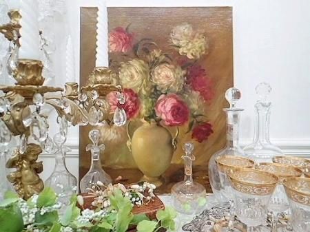 優美 薔薇のある静物画 油絵 - 薔薇と天使のアンティーク