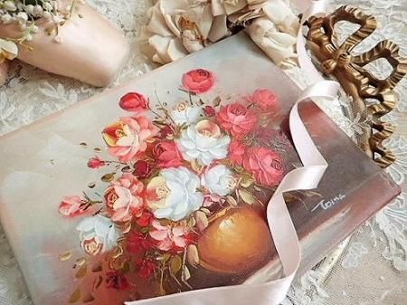 アンティーク ローズ 薔薇の花 花瓶 花生け 油彩画 油絵 アート 美術 絵画 ザクロ ピンクのバラ ガラス花瓶 油絵 厚塗り オリジナル