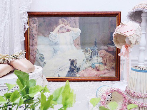 ヴィクトリアン 石版印刷額『いたずら子猫』 - 薔薇と天使のアンティーク
