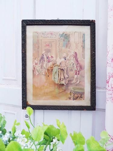 フランスアンティーク　額装品　可愛い恋人達の宮廷画 宮廷ワトー 多色刷美術印刷額装 『舞踏会のレッスン』 - 薔薇と