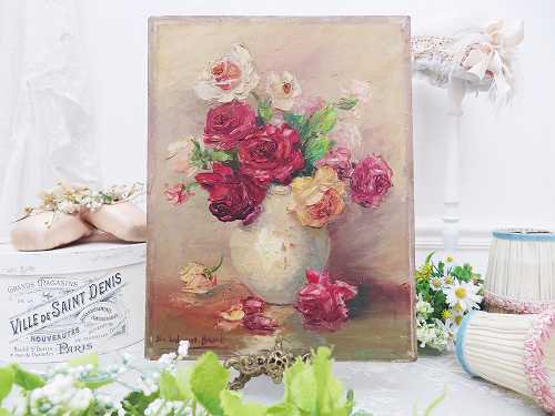 フランス静物画 薔薇の油絵 - 薔薇と天使のアンティーク