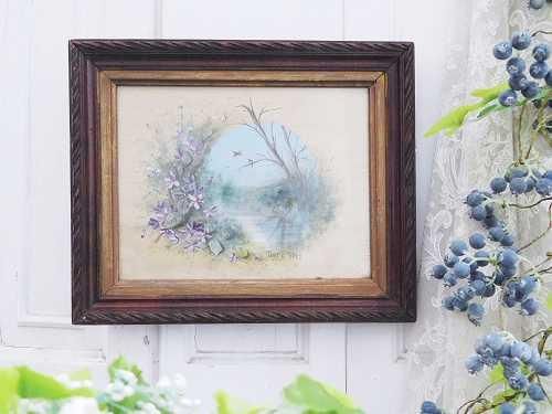 シルク水彩画 『スミレの花咲くほとりで』 - 薔薇と天使の