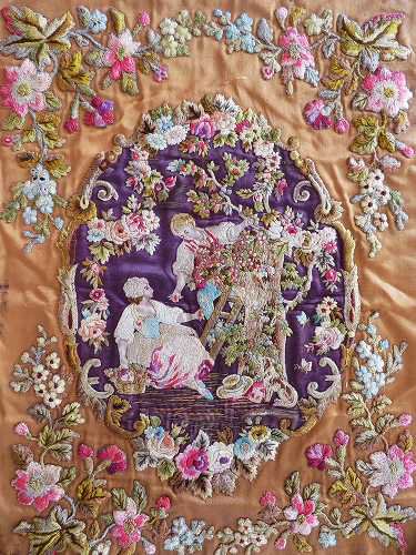 華麗 シルク手刺繍 『収穫祭』 - 薔薇と天使のアンティーク