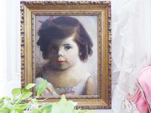 『L'ENFANT A LA POUPEE』（人形を抱く少女）油絵 - 薔薇と天使のアンティーク