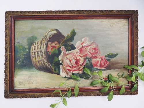 静物画油絵『薔薇の花かご』 - 薔薇と天使のアンティーク