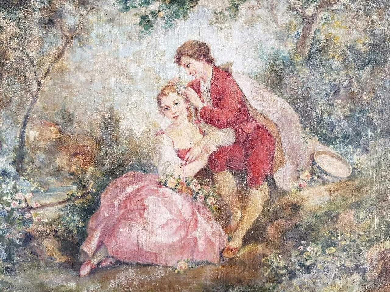 ロココ 宮庭ワトーカップル キャンバス油絵 - 薔薇と天使のアンティーク