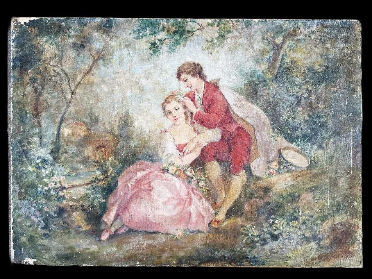 ロココ 宮庭ワトーカップル キャンバス油絵 - 薔薇と天使のアンティーク