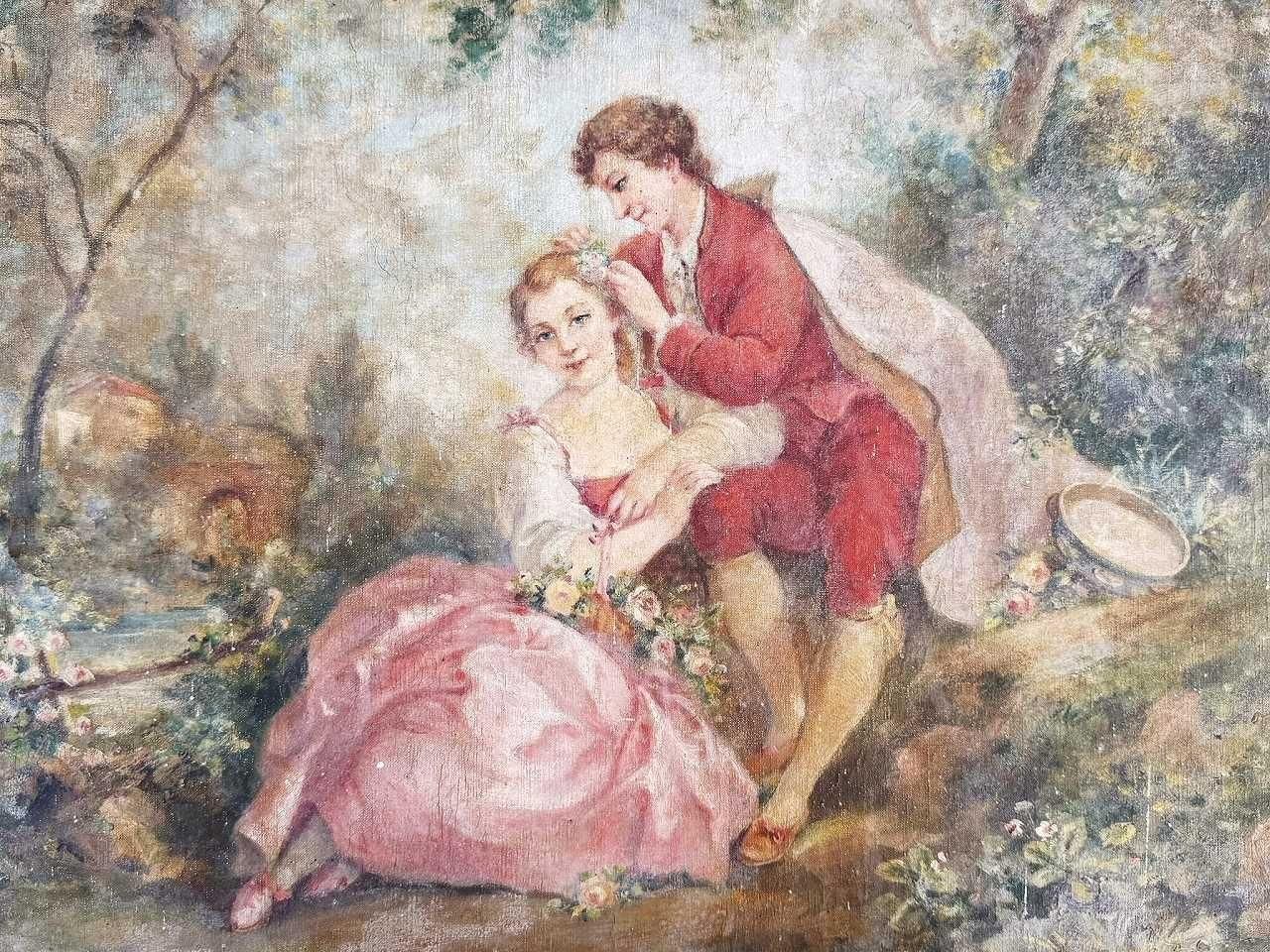 ロココ 宮庭ワトーカップル キャンバス油絵 - 薔薇と天使のアンティーク