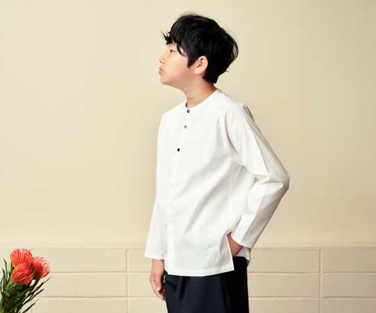 m doudou jouons/COLLARLESS SHIRT WHITE 120-160 | 子ども服のm