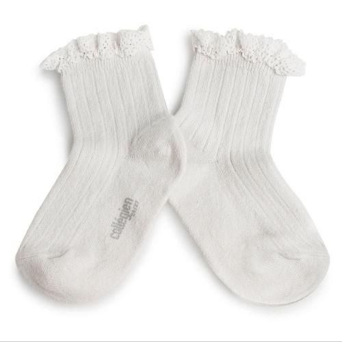 collegien(쥸)Lili Lace Trim Ribbed Ankle Socks - Blanc Neige