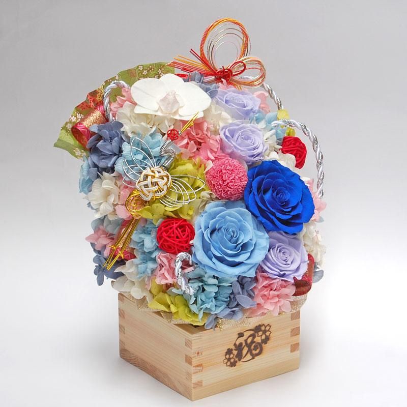 琴平桜（青色）～ことひらさくら～ 　二合枡　【送料無料】　　プリザーブドフラワーの贈り物 - プリザーブドフラワーのプレゼント　 花や祇（はなやぎ）クロスロードフラワーショップ