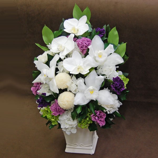 プリザーブドフラワーの仏花 ホワイトオーキッド 花器付 プリザーブドフラワーのギフト 花や祇 クロスロードフラワーショップ