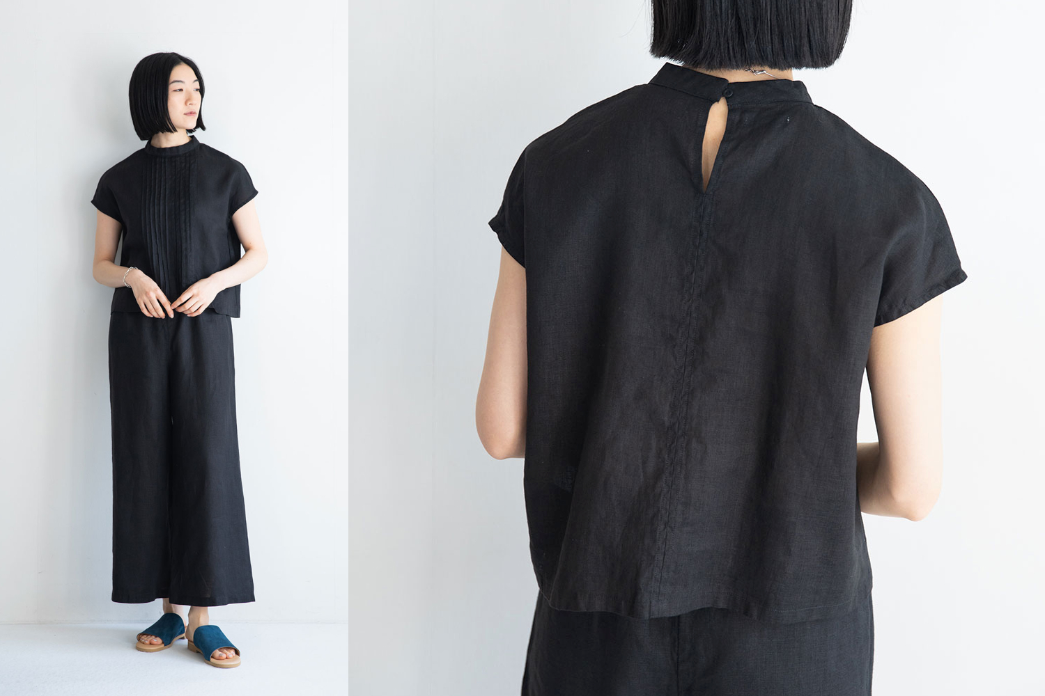 Fog Linen Work（フォグリネンワーク）フレンチスリーブシャツ「エマ」ブラック（薄地リネン）