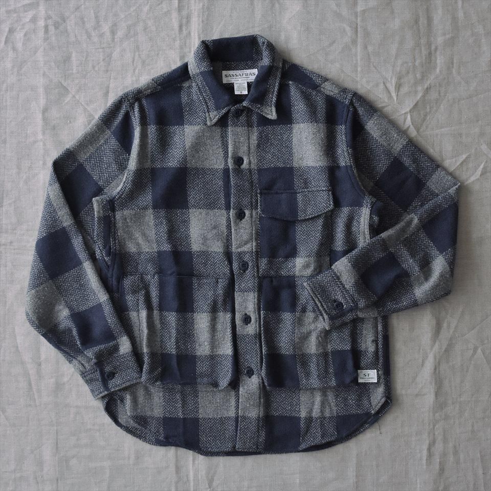 SASSAFRAS(ササフラス) DIGS CREW HALF Check Sassafras（ササフラス）Digs Crew Half ネイビー（Woolly Heringbone