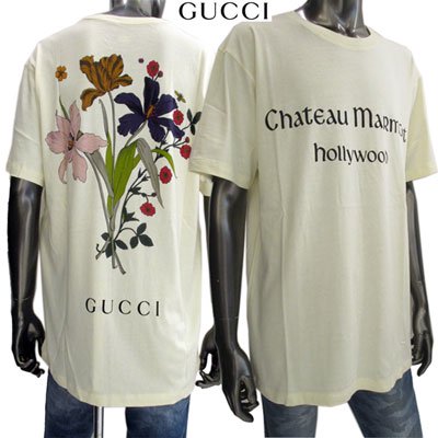グッチ(GUCCI)メンズ Tシャツ ランゲージプリント・バックフラワー 