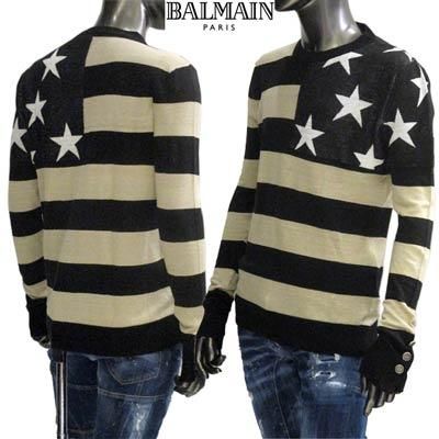 最安値に挑戦！ ボーダー 肩ボタン BALMAIN ニット M 黒xネイビー 