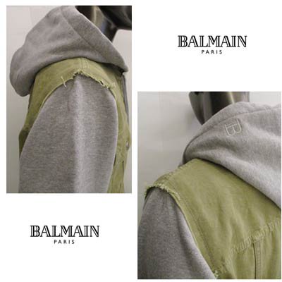 バルマン BALMAIN メンズ トップス パーカー フード部分Bロゴ刺繍/ボタン/ジップロゴ刻印・スウェット切り替えしフード付きジップパーカー  VH1TG015 207C UCI