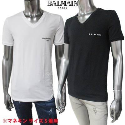 美品□BALMAIN/バルマン ラインストーン シルバー金具 コットン100％ クルーネック 半袖 ロゴTシャツ/カットソー ブラック M メンズ