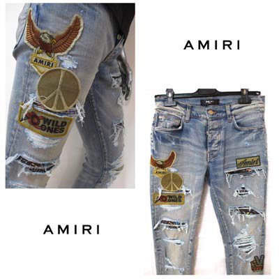 アミリ AMIRI メンズ パンツ ボトムス ロゴ クラッシュ加工・マルチロゴワッペン付クラッシュデニムパンツ ブルー インディゴ MDS016  408 CLAY INDIGO