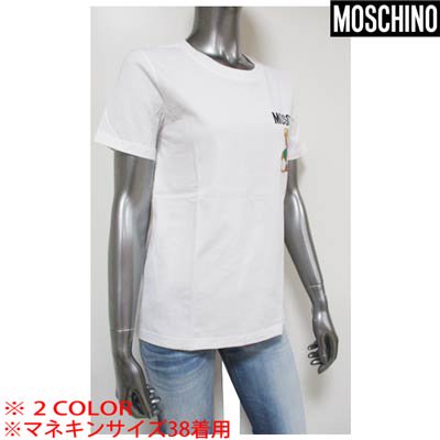 モスキーノ MOSCHINO レディース トップス Tシャツ 半袖 2color チェスト部分ロゴ・イタリア風BEARロゴプリント付きTシャツ 黒/白  EV0709 0540 1555/1001