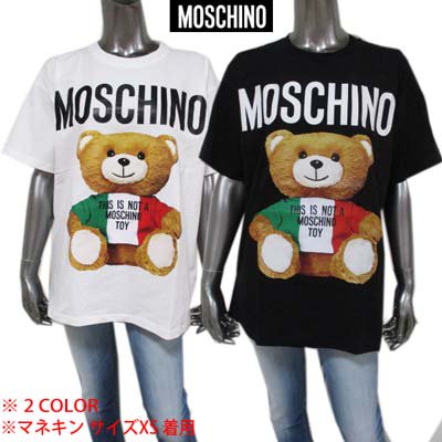 モスキーノ MOSCHINO レディース トップス Tシャツ 半袖 2color フロントロゴ・イタリア風BEARロゴプリント付きTシャツ 黒/白  EV0708 0540 1555/1001