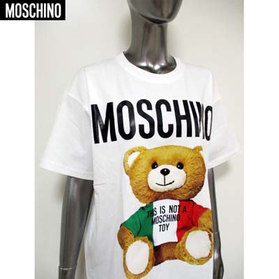 モスキーノ MOSCHINO レディース トップス Tシャツ 半袖 2color フロントロゴ・イタリア風BEARロゴプリント付きTシャツ 黒/白  EV0708 0540 1555/1001