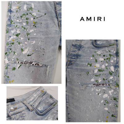 アミリ(AMIRI)メンズ パンツ ボトムス ロゴ ペイント/クラッシュ加工・クラッシュ部分ペイズリー柄当て布付デニムパンツ ブルーMDS013 421