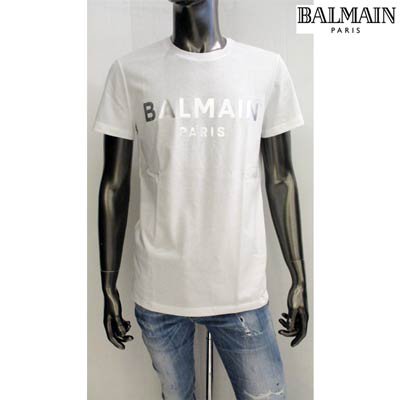 バルマン(BALMAIN)メンズ トップス Tシャツ 半袖 ロゴ 2color シルバーBALMAINロゴプリント付きTシャツ 白/黒WH1EF000  B121 GAC/EAC