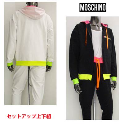 モスキーノ MOSCHINO メンズ トップス パンツ 上下組 フード裏/袖口ネオンカラー・チェスト部分ロゴ付セットアップジャージ  A1702+A6701 2317 1/555