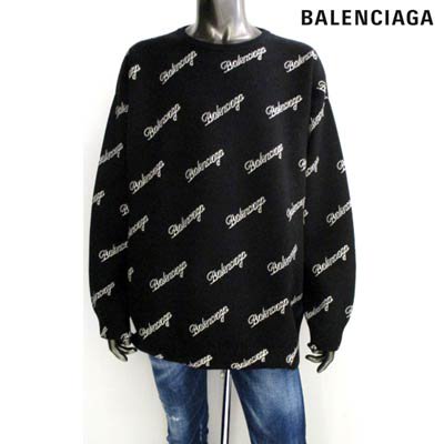 バレンシアガ BALENCIAGA メンズ トップス ニット セーター ロゴ ユニセックス可 総柄BALENCIAGAスラッシュロゴ付ライトニット  ブラック 646693 T4112 1070