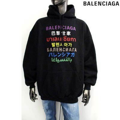 バレンシアガ BALENCIAGA メンズ トップス パーカー フーディー シワ加工・マルチカラーランゲージロゴ付オーバーサイズパーカー 黒  578135 TJVI6 2771